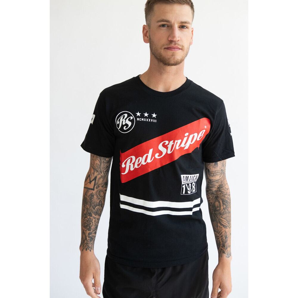 Red Stripe Beer Men's T-Shirt Jamaica Short Sleeve Graphic Black Tee